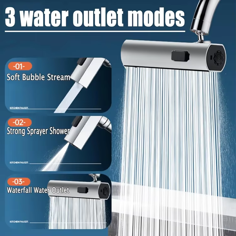 360 Degree Rotating Faucet Extender, Chrome Plated, 3 Function Water Tap Extension with Anti-Splash Design for Kitchen Sink